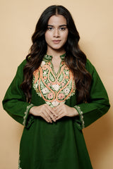 Green Colour Aari Work Woolen Kashmiri Kurti CraftKashmir