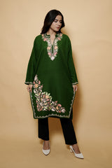 Green Colour Aari Work Woolen Kashmiri Kurti CraftKashmir