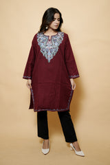 Maroon Colour Aari Work Woolen Kashmiri Kurti CraftKashmir