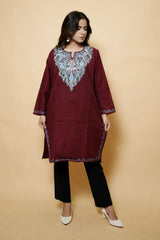 Maroon Colour Aari Work Woolen Kashmiri Kurti CraftKashmir