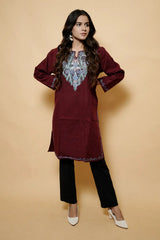Maroon Colour Aari Work Woolen Kashmiri Kurti CraftKashmir