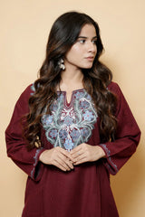 Maroon Colour Aari Work Woolen Kashmiri Kurti CraftKashmir