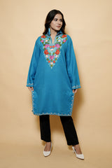 Blue Colour Aari Work Woolen Kashmiri Kurti CraftKashmir