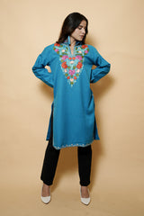 Blue Colour Aari Work Woolen Kashmiri Kurti CraftKashmir