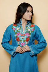 Blue Colour Aari Work Woolen Kashmiri Kurti CraftKashmir