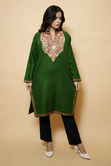 Green Colour Aari Work Woolen Kashmiri Kurti CraftKashmir