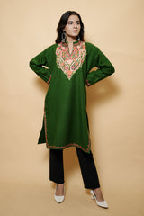 Green Colour Aari Work Woolen Kashmiri Kurti CraftKashmir