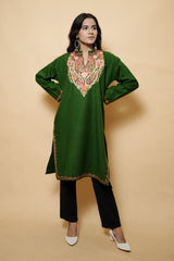 Green Colour Aari Work Woolen Kashmiri Kurti CraftKashmir