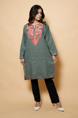 Grey Colour Aari Work Kashmiri Woolen Kurti CraftKashmir