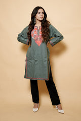 Grey Colour Aari Work Kashmiri Woolen Kurti CraftKashmir