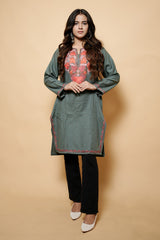 Grey Colour Aari Work Kashmiri Woolen Kurti CraftKashmir