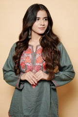 Grey Colour Aari Work Kashmiri Woolen Kurti CraftKashmir