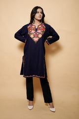 Blue Colour Aari Work Woolen Kashmiri Kurti CraftKashmir