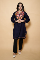Blue Colour Aari Work Woolen Kashmiri Kurti CraftKashmir