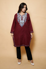 Maroon Colour Aari Work Kashmiri Woolen Kurti CraftKashmir