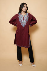 Maroon Colour Aari Work Kashmiri Woolen Kurti CraftKashmir