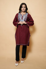 Maroon Colour Aari Work Kashmiri Woolen Kurti CraftKashmir