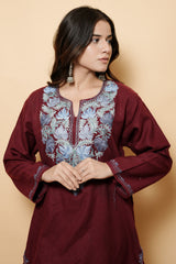 Maroon Colour Aari Work Kashmiri Woolen Kurti CraftKashmir