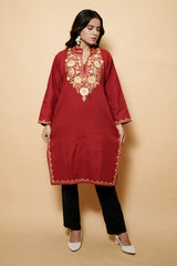 Red Colour Aari Work Woolen Kashmiri Kurti CraftKashmir