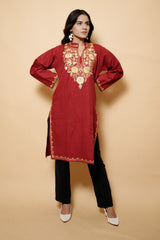 Red Colour Aari Work Woolen Kashmiri Kurti CraftKashmir