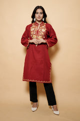 Red Colour Aari Work Woolen Kashmiri Kurti CraftKashmir