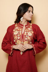 Red Colour Aari Work Woolen Kashmiri Kurti CraftKashmir