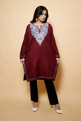Maroon Colour Aari Work Woolen Kashmiri Kurti CraftKashmir