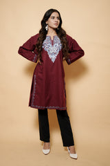 Maroon Colour Aari Work Woolen Kashmiri Kurti CraftKashmir