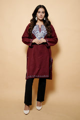 Maroon Colour Aari Work Woolen Kashmiri Kurti CraftKashmir