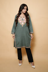 Grey Colour Aari Work Kashmiri Woolen Kurti CraftKashmir