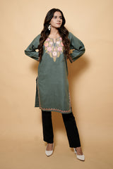 Grey Colour Aari Work Kashmiri Woolen Kurti CraftKashmir