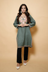 Grey Colour Aari Work Kashmiri Woolen Kurti CraftKashmir