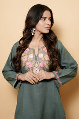 Grey Colour Aari Work Kashmiri Woolen Kurti CraftKashmir