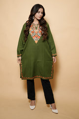 Green Colour Aari Work Woolen Kashmiri Kurti CraftKashmir