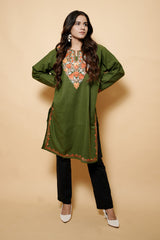 Green Colour Aari Work Woolen Kashmiri Kurti CraftKashmir