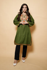 Green Colour Aari Work Woolen Kashmiri Kurti CraftKashmir