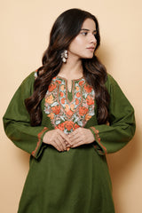 Green Colour Aari Work Woolen Kashmiri Kurti CraftKashmir