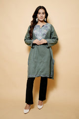 Grey Colour Aari Work Woolen Kashmiri Kurti CraftKashmir