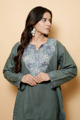 Grey Colour Aari Work Woolen Kashmiri Kurti CraftKashmir