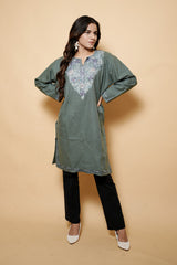 Grey Colour Aari Work Woolen Kashmiri Kurti CraftKashmir