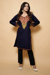 Navy Blue Colour Kashmiri Aari Work Kurti CraftKashmir