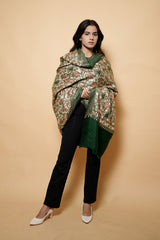 Bottle Green Colour Pure Wool Heavy Embroidary Work Shawl CraftKashmir