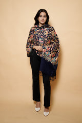 Navy Blue Colour Kashmiri Embroidery Stole With Jaal Pattern CraftKashmir