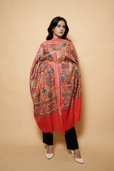 Red Colour Pure Wool Heavy Embroidary Work Shawl Bird Motif CraftKashmir