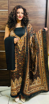 Black colour woollen salwar kameez With Stole All Over Kaani Print CraftKashmir