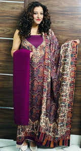 Wine colour woollen salwar kameez With Stole All Over Kaani Print CraftKashmir