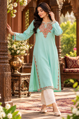 Green Kashmiri Aari Work Cotton Kurti – Elegant Ethnic Wear CraftKashmir