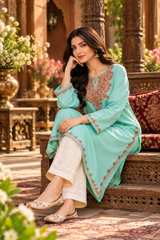 Green Kashmiri Aari Work Cotton Kurti – Elegant Ethnic Wear CraftKashmir