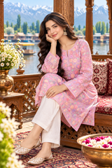 Pink Kashmiri Aari Work Georgette Kurti – Elegant Ethnic Wear CraftKashmir