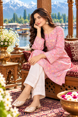 Pink Kashmiri Aari Work Georgette Kurti – Elegant Ethnic Wear CraftKashmir